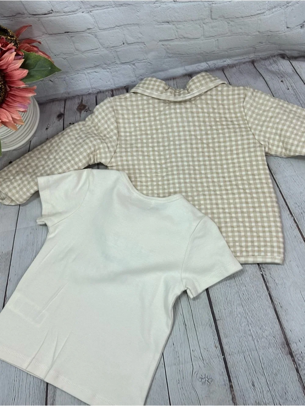NWT Rabbit + bear Neutral beige 3pc set Jacket Joggers Tee gingham plaid